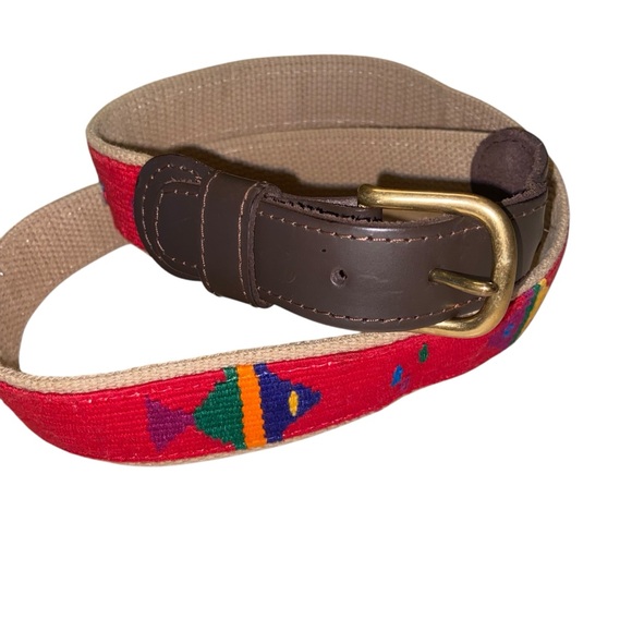A Tail We Could Wag Belt 36 Cotton Weave Fish Leather Handmade Brass Buckle Vtg - Picture 1 of 10